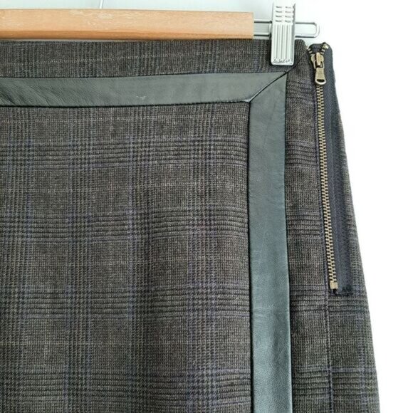 CLUB MONACO Wool Leather Blend Front Slit Knee Length Skirt Brown Plaid Sz 2 - Picture 5 of 11